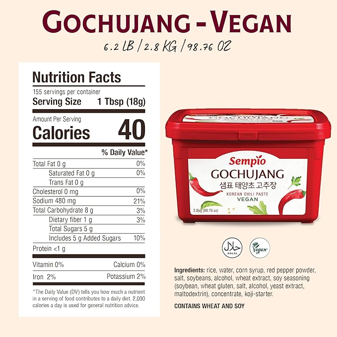 Sempio Gochujang Vegan Korean Red Chili Pepper Paste - Mild Heat: Sweet Spicy Savory Paste, Traditional Fermented Condiment for Cooking, Marinades, Dips, Halal Certified (6.2lbs/2.8kg)
