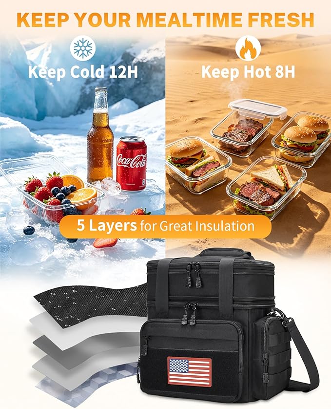 Gafetrey Tactical Lunch Box for Men, Insulated Lunch Bag Adult, Thermal Lunchbox Leakproof Waterproof Cooler Bag, Large Lunch Pail for Work Office Camping Travel (Black)