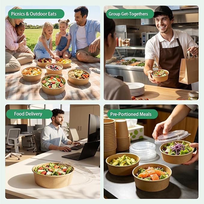 17 oz Disposable Kraft Paper Bowls with Lids and Sporks, 48 Sets Leak-Proof Meal Prep Containers for Hot & Cold Food, Soup, Salad, Snacks, Ice Cream, Desserts, Food Bowls