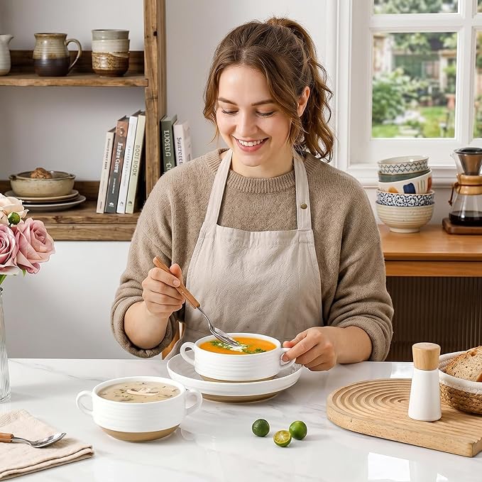 HASENSE Ceramic Soup Bowls with Handles, 24 Oz French Onion Soup Crocks Set of 4, Stackable White Serving Bowls for Stew, Chili & Cereal, Oven Microwave Dishwasher Safe, Christmas Kitchen Gift