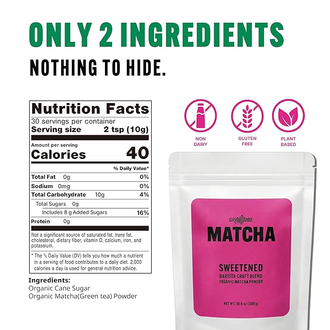 GRIN MOOD Matcha Powder, Green Tea Powder Sweetened Grade, Barista Craft Blend for Latte, Korean Matcha from Jeju Island, Non Dairy, Non-GMO, 10.6 Ounce