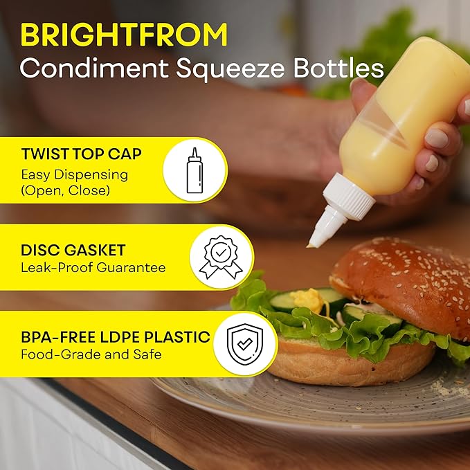 BRIGHTFROM Condiment Squeeze Bottles - 4 OZ Squirt Empty Bottles, Twist Top Cap, Leak Proof - Great for Ketchup, Mustard, Syrup, Sauces, Dressing, Oil, Arts and Crafts, BPA-FREE Plastic - 3 PACK
