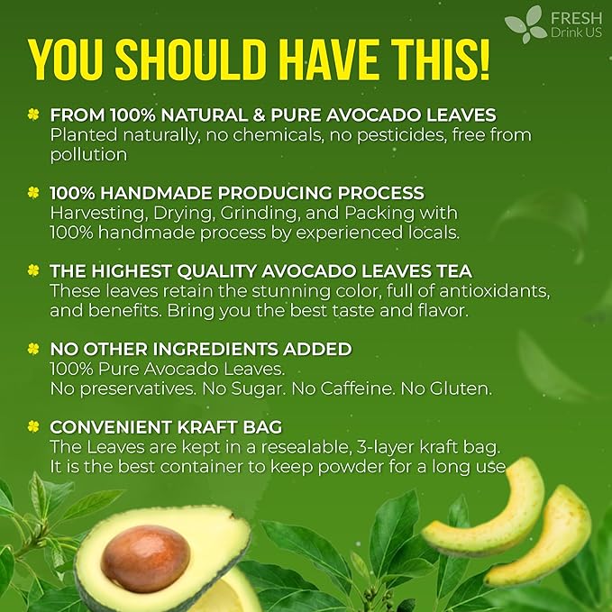 FreshDrinkUS, 120 Avocado Leaves - Loose Leaf - Premium Avocado Leaf Herbal Tea, Caffeine Free Botanical Tea Leaves for Hot or Iced Tea – Natural, Aromatic & Fresh Avocado Leaves