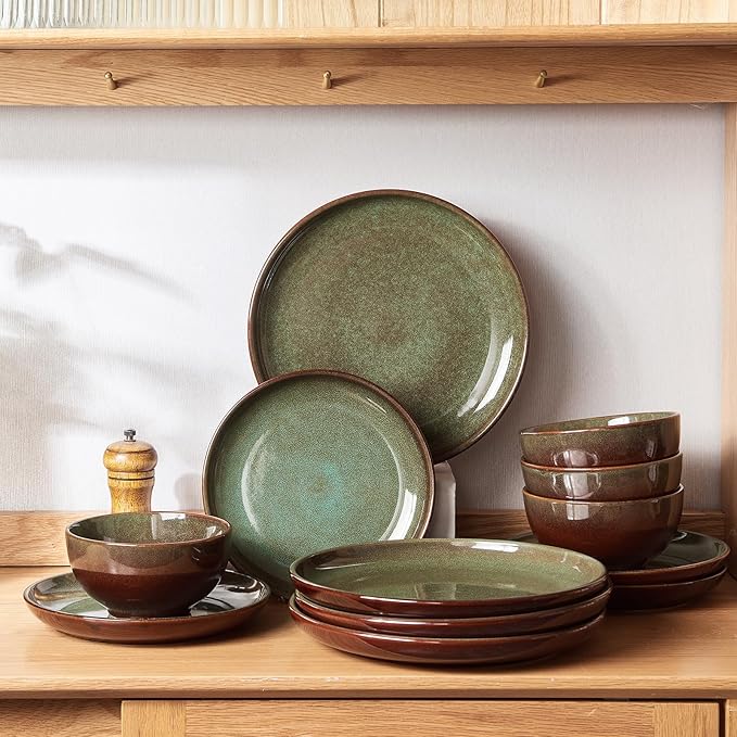 Pokini Stoneware Dinnerware Sets Service for 4, 12 pcs Reactive Glaze Plates and Bowls Sets, Handmade Ceramic Dish Set, Highly Chip and Crack Resistant Modern Plate Set, Brown Green