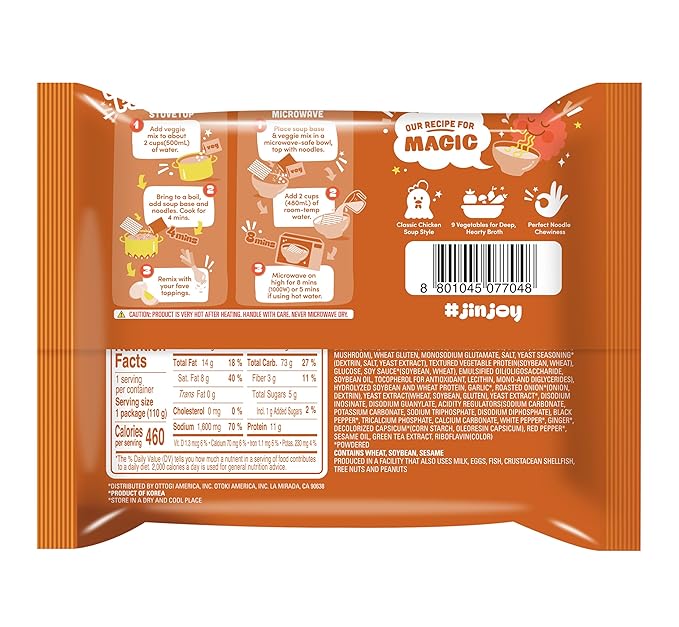 OTOKI Jin Ramen Chicken Korean Instant Ramen, Savory Chicken Broth with Vegetables, Mild Comfort Flavor, Ready in 4 Minutes, 4.23 oz (Pack of 4)