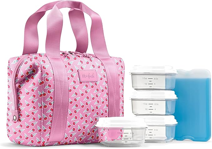 Fit & Fresh Remi Lunch Bag for Women Work – Neoprene Lunch Tote with Containers & Ice Pack, Reusable Meal Prep Lunch Box, Large Capacity, Machine Washable, Sweet Pink Block