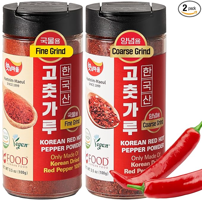 Korean Food Haetnim Maeul 100% Korean Chili Powder Bundle – Fine (3.53oz / 100g) & Coarse (3.53oz / 100g) Red Pepper Powder for Soups, Stir-fry & Kimchi