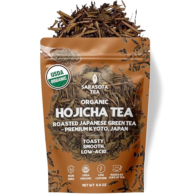 Organic Hojicha Green Tea Loose Leaf | Japanese Roasted Green Tea | Naturally Low Caffeine | Smooth Toasted Nutty Flavor | 4.4 oz Bulk Bag | Antioxidant Rich | Hot or Iced | Non-GMO