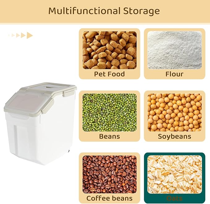 Rice Storage Container 25 lbs Large Household Flour Sugar Containers Airtight Grain Cereal Dispenser with Wheels, Locking Lid & Measuring Cup for Kitchen Pantry Organization, 2 Pack(Grey)