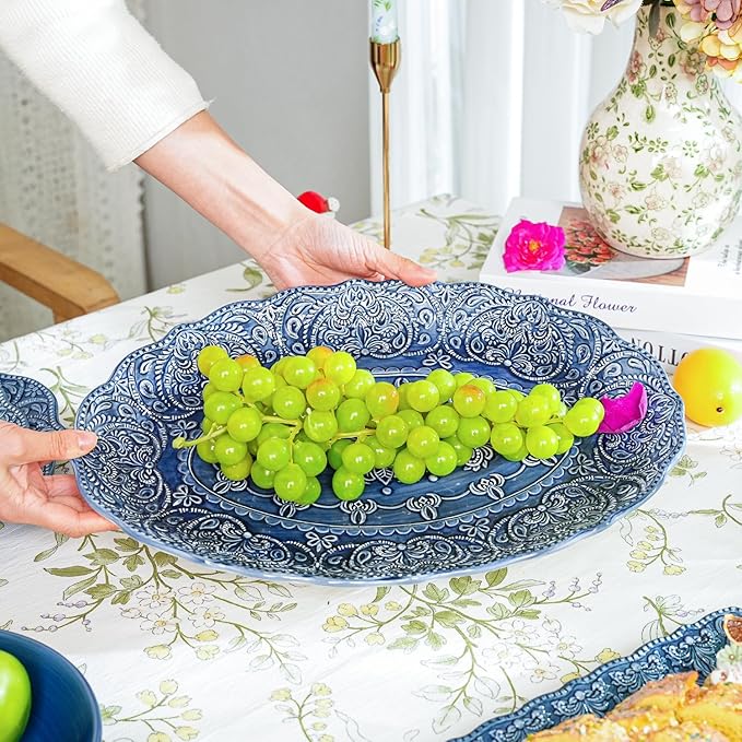 Sungmor Embossed Stoneware Fine Dining Dinnerware, Antique Baroque Style Porcelain Serving Platter, Set of 2 & 16 Inch Oval Large Serving Plates, Sophisticated Ceramic Serving Dish Party Table Decor