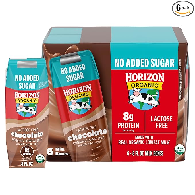 NEW Horizon Organic Shelf Stable No Added Sugar Lactose Free 1% Lowfat Chocolate Milk Boxes, Pack of 6-8g Protein per Serving