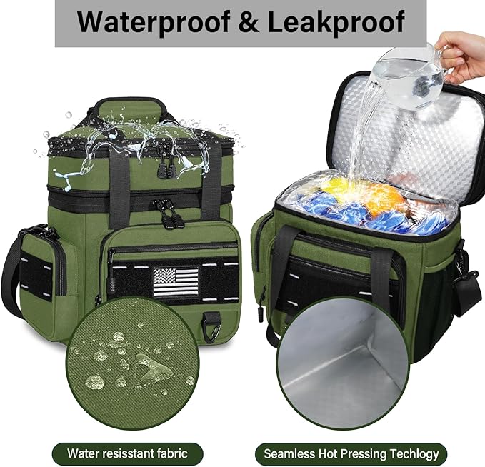 TENKIST Expandable Tactical Lunch Box, Large Insulated Lunch Cooler Bag Heavy Duty Leakproof Lunch Pail for Men Adults Work Office Outdoor Picnic Trips,16L,Army Green