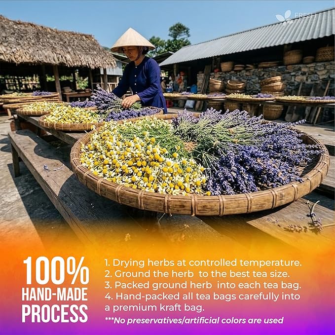 FreshDrinkUS, Premium 135 Chamomile Lavender Tea Bags, 100% Natural Herbal Ingredients, Hand-made Blend of Chamomile Lavender Flowers, Eco-conscious Tea Bags. No Sugar, No Caffeine, No Gluten, Vegan