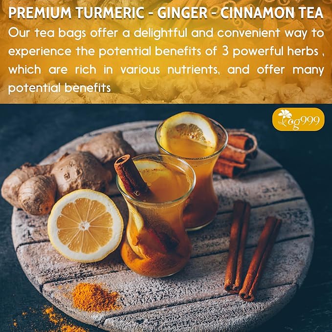 TOG999, 30 Bags Premium Turmeric Ginger Cinnamon Tea, Improve Digestion, Support Brain, Weight, Skin and Sleep, Eco-Conscious Tea Bags and Premium Natural Ingredients. Turmeric Ginger Herbal Tea. No Sugar, No Caffeine, No Gluten, Vegan.
