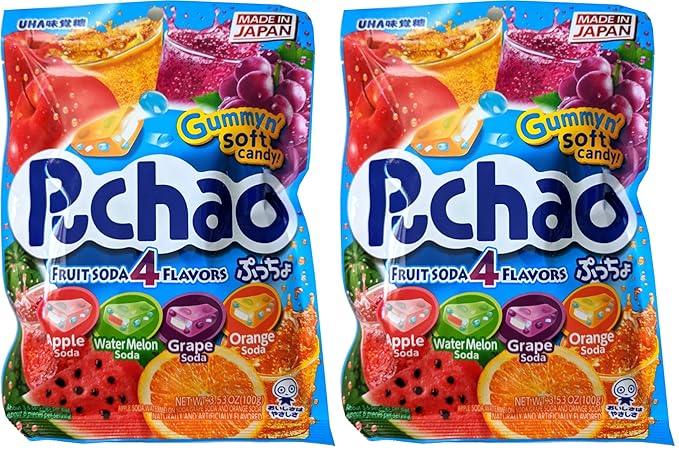 UHA mikakuto Puchao Soft Chewy Candy with Gummy Bits, 4 Fruit Soda Flavors with Apple, Watermelon, Grape, and Orange, 3.53 Oz (Pack of 2)