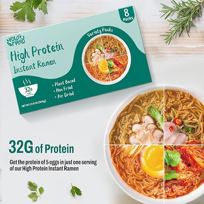 VOLO VERO Protein (32g) Ramen Variety Pack - Chicken, Spicy “Beef, Kimchi, Curry”, 8 Packs Instant High Protein Ramen Noodles Soup, Plant-Based, Non-Fried, Vegan, Low Fat, Egg & Dairy Free Healthy Meal