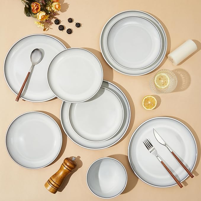 Pokini 16 Piece Double Bowl Dinnerware Sets with Pasta Bowls, Highly Chip and Crack Resistant Plates and Bowls Sets, Natural Earthyware Ceramic Dishware Sets, Service for 4 Moonstone White