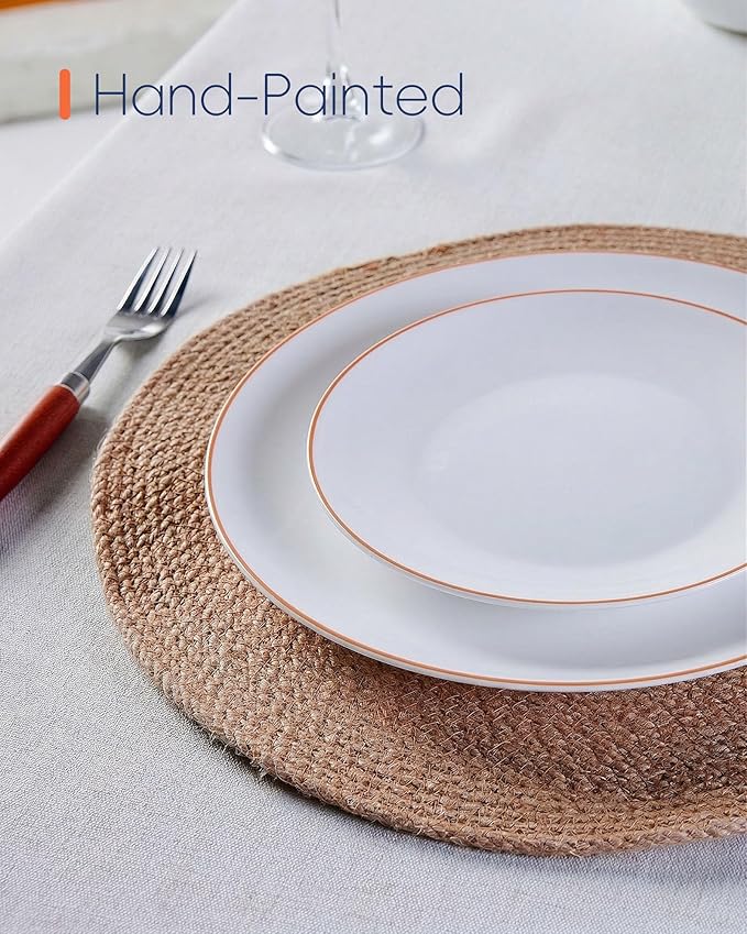 LaGlint 10.5 inch Dinner Plate Set of 6, Lightweight Round Opal Glass Dinnerware Plates, Dishwasher and Microwave Safe, Hand Painted Orange Rim