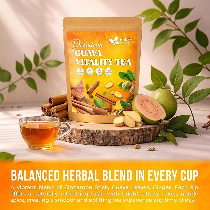 FreshDrinkUS, Premium Guava Vitality Tea | 75 Tea Bags | Guava Leaves, Cinnamon Stick & Ginger Herbal Tea – Caffeine Free Botanical Infusion – Warm & Aromatic Daily Tea – 100% Natural Ingredients