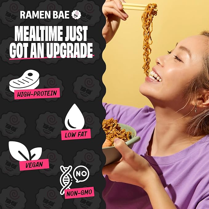 Ramen Bae High Protein Ramen Noodles Stir Fry - Korean Spicy Chicken Flavor 28g Protein - Air Dried Not Fried, Plant Based, Vegan Protein Noodles - Low Carb & Fat - Very Spicy (Pack of 6)