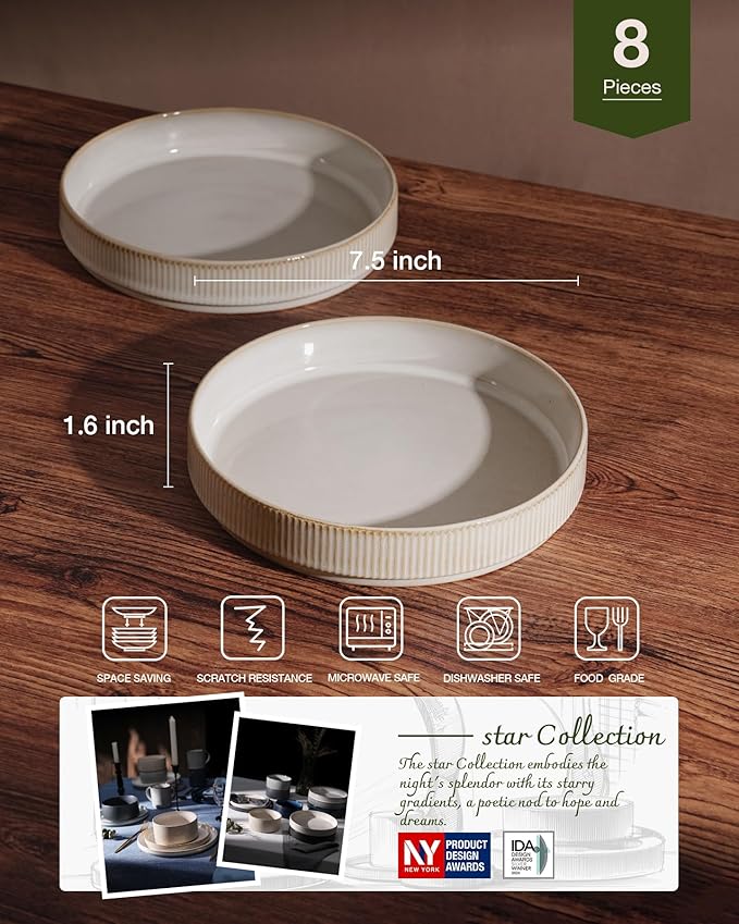 famiware Star 7.5" Pasta Bowls Set, Salad Bowl Set of 8, Double Reactive Glaze, Stackable, Ideal for Your Friend for Housewarming, Festivals, Cappuccino White