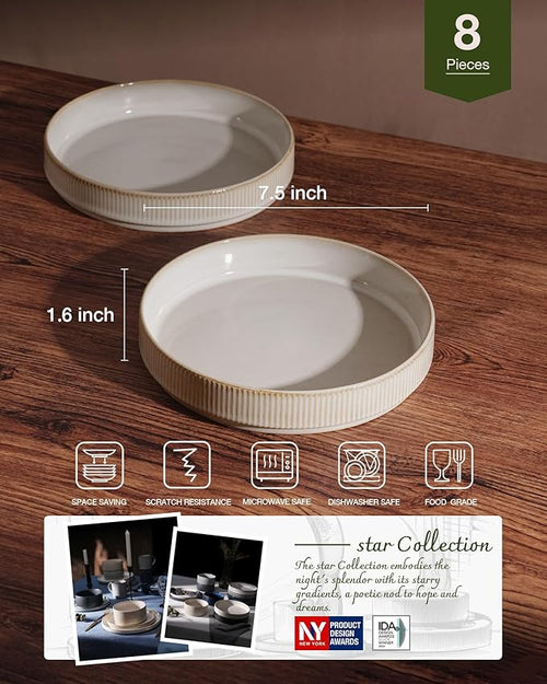 famiware Star 7.5" Pasta Bowls Set, Salad Bowl Set of 8, Double Reactive Glaze, Stackable, Ideal for Your Friend for Housewarming, Festivals, Cappuccino White
