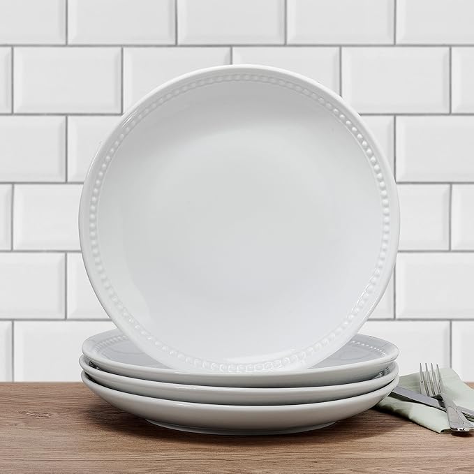 Everyday White Beaded Coupe Set of 4 Dinner Plates, 10.5 inch