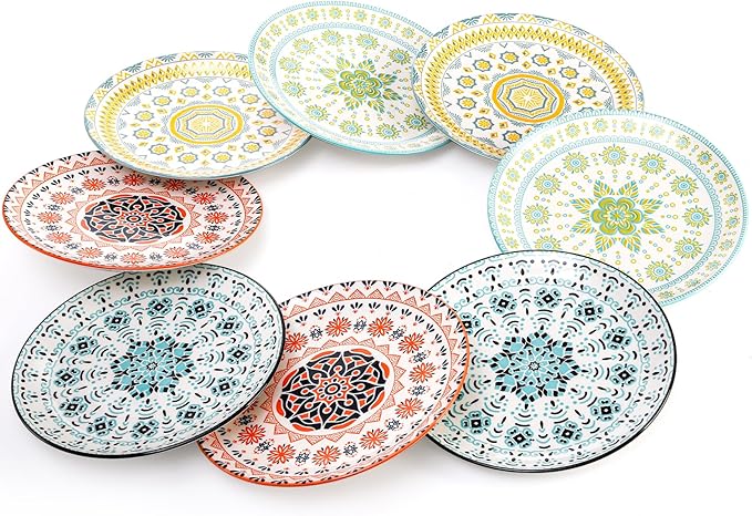 Foraineam 8 Pieces 8 Inch Round Porcelain Salad Plates, Decorative Appetizer Plates Dessert Dishes, Colorful Floral Serving Dishes for Luncheon, Steak, Fruit, Snack, Microwave and Dishwasher Safe