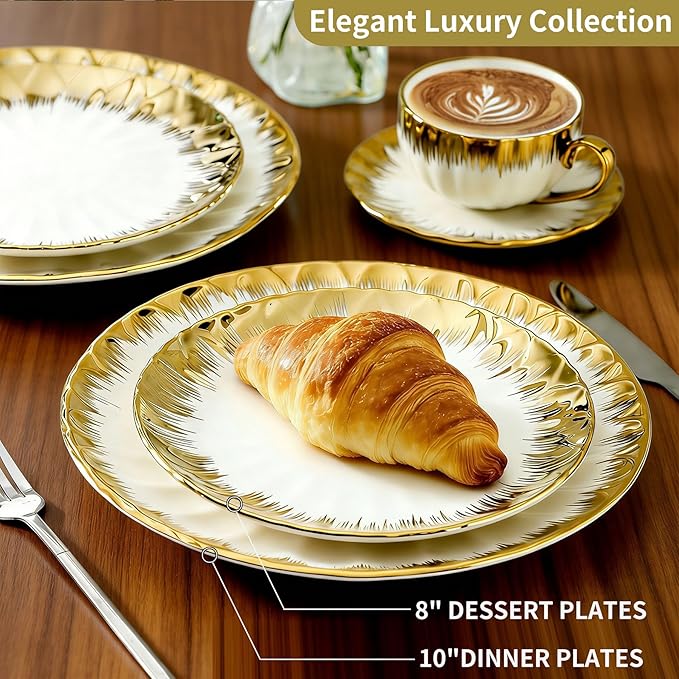 LETAOTAO Ceramic Plates For Kitchen, Ceramic Dessert Salad Plates Set of 4 for Appetizer, Small Dinner Plates with Gold Rim, Porcelain Dish for Pasta, Pancakes, Steak(8in)
