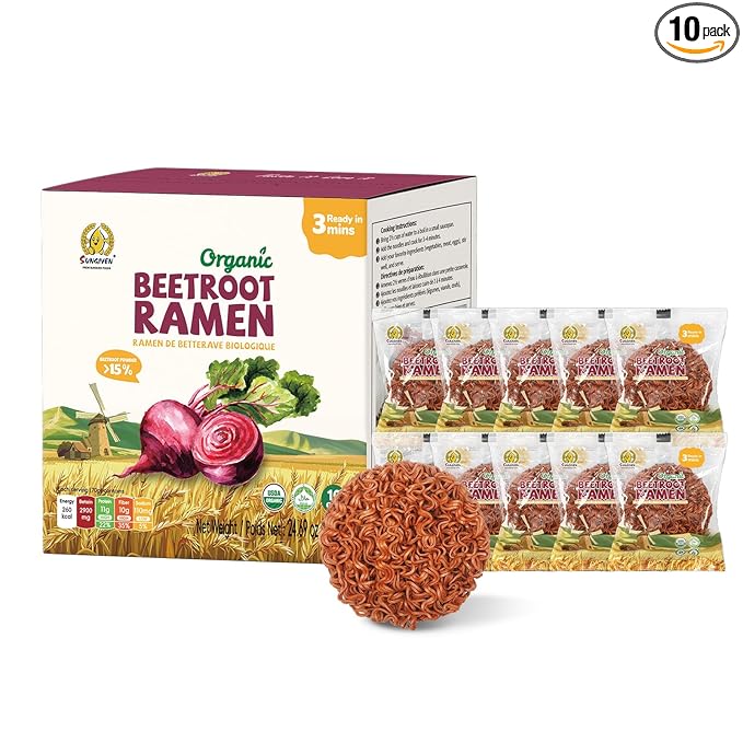 SUNGIVEN Organic Ramen Noodles Beetroot Healthy Low Sodium Ready in 3 Minutes Non-Fried Instant No Additives or Preservatives 2.47 OZ (Pack of 10)