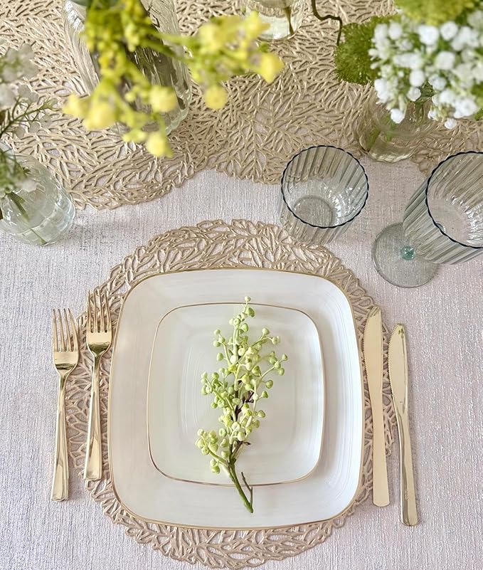 " OCCASIONS " 50 Plates Pack (25 Guests)-Wedding Party Disposable Plastic Plate Set -25 x 10'' Dinner + 25 x 7'' Salad & Dessert plates (Belize Square in Ivory & Gold)