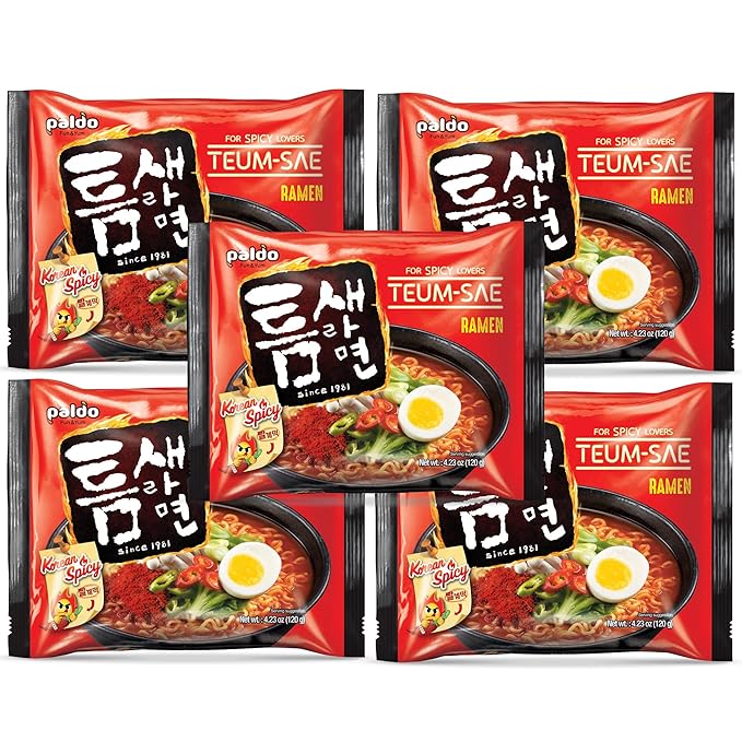Paldo Hot and Spicy Teumsae Noodle Korean Ramen 4.23oz (Pack of 5)