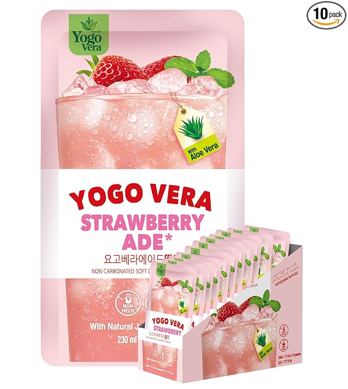Yogo Vera Strawberry Ade Korean Drink Pouches – Authentic Korean Convenience Store Beverage with Sweet Strawberry Flavor, Refreshing Juice Pouch (10 Pack)