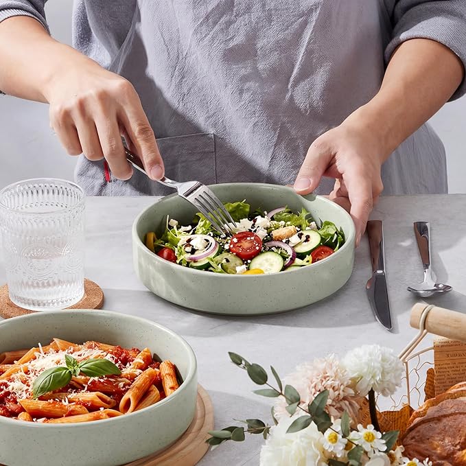 E-far Pasta Bowls Set of 6, 35 oz Large Stoneware Bowl Plates | Shallow & Wide Ceramic Pasta Serving Plates for Salad Dinner Soup | Microwave & Dishwasher Safe, Speckled Green