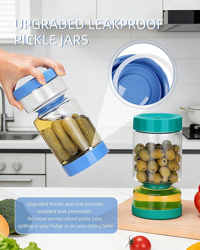 ZENS Pickle Jar with Strainer Flip, 37 oz Hourglass Pickle Juice Separator Container, Airtight Leakproof Lid, 2 Pack Pickling Jars for Olive, Jalapeno Container-Dual Wet-Dry Design