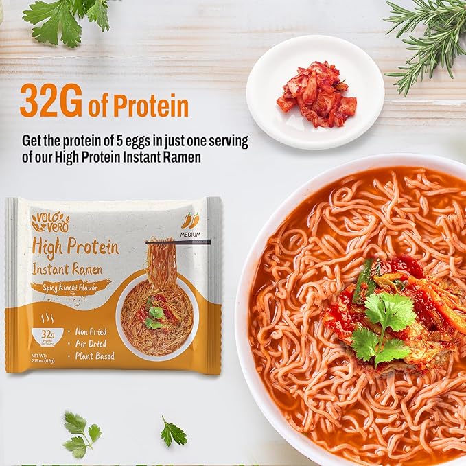 VOLO VERO High Protein (32g) Instant Ramen Noodles Soup, Spicy Kimchi Flavor, 8 Packs, Vegan, Plant-Based, Non-Fried, Low Fat, Egg-Free, Dairy-Free, Healthy Asian Meal
