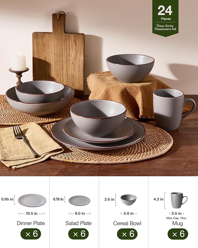 Famiware Venus 24-Piece Stoneware Dinnerware Sets with Mugs, Plates, Bowls, Service for 6, Matte Dark Gray - Modern Ceramic Chip‑Resistant Dishes for Everyday & Formal Use, Microwave & Dishwasher Safe