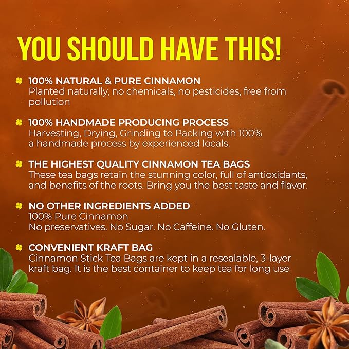 FreshDrinkUS, Premium 135 Cinnamon Tea Bags, 100% Natural & Pure, Herbal Tea, Made with Natural Materials-Corn Fiber Tea Bags, Sugar/Caffeine/Gluten Free. Warmly Taste and Balance.