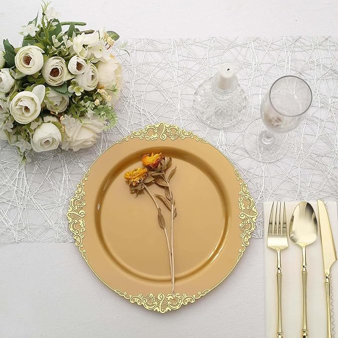Efavormart 10 Pack | 10" All-Gold Baroque Dinner Plates, Leaf Embossed Metallic Rim Heavy Duty Serving Plates for Prestigious Ballroom Events