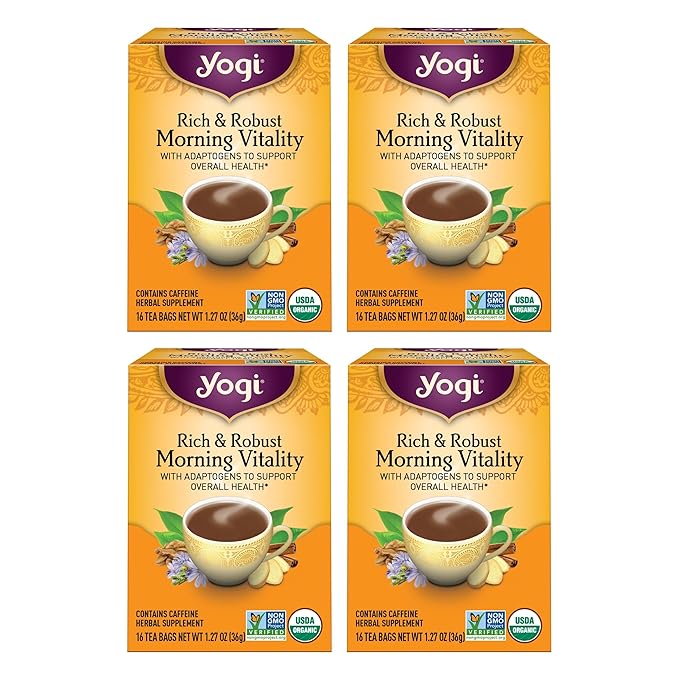 Yogi Tea Rich & Robust Morning Vitality Tea - 16 Bags per Pack (4 Packs) - Organic Adaptogen Tea Perfect for the Morning - Includes Puerh Tea Leaf, Roasted Chicory Root, Cinnamon Bark & More