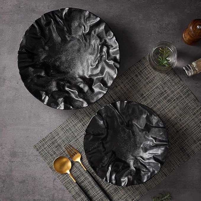 Irregular Shape Ceramic Serving Plate and Appetizer Plate, 2 Pieces Set, 11" & 9" Plates, Elevate Dining Experience (Black, 11" & 9")