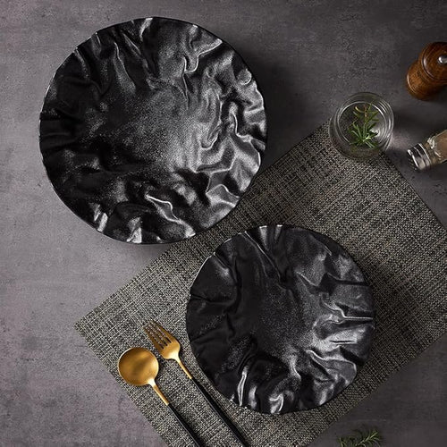 Irregular Shape Ceramic Serving Plate and Appetizer Plate, 2 Pieces Set, 11" & 9" Plates, Elevate Dining Experience (Black, 11" & 9")