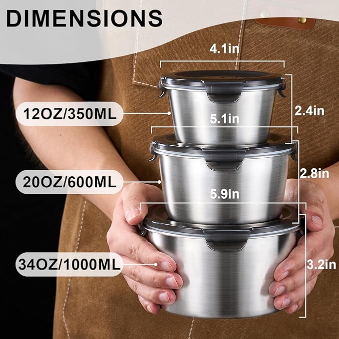 Baalaka Food Storage Containers, Airtight Food Storage Containers with Lids, Deli Containers Soup Containers with Lids Stainless Steel Set of 3