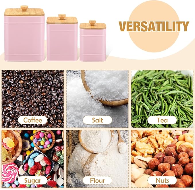 Tioncy Kitchen Canisters for Countertop Set of 3 Metal Canisters Sets with Bamboo Lids Spoon Airtight High Capacity Coffee Tea Sugar Flour Jars with DIY Labels Farmhouse Food Storage(Pink,L,M,S)