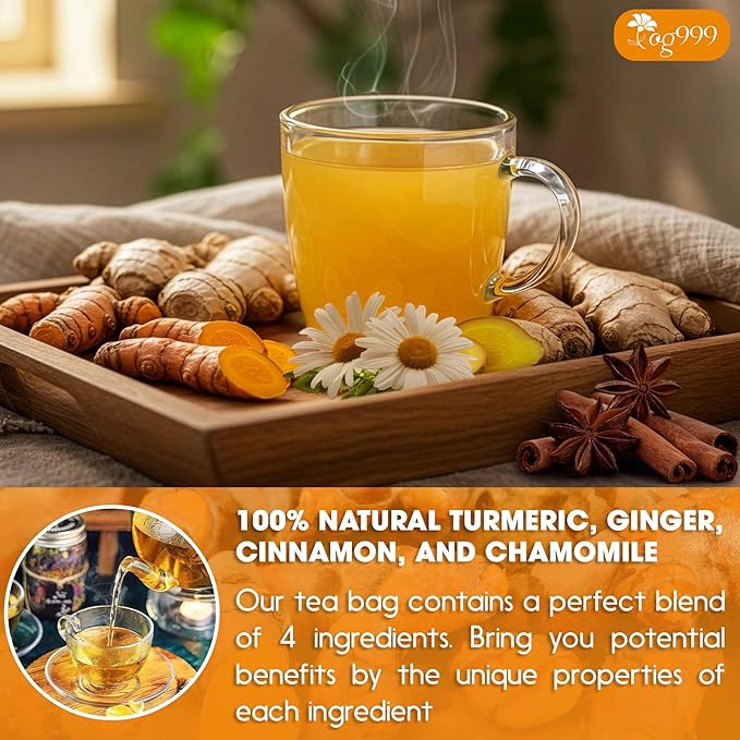 TOG999, Turmeric Ginger Cinnamon Tea Bags | 60 Count | Herbal Blend with Turmeric, Ginger, Cinnamon Stick & Chamomile Flowers for Relaxation | Naturally Flavorful, Caffeine-Free | Packed in Paper Box