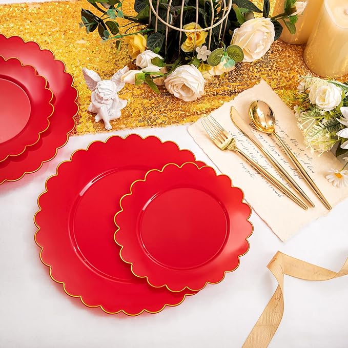 LIYH 60 Pcs Red Plastic Plates Disposable with Gold Edge Scalloped Red Gold Disposable Plates Includes 30 Dessert & 30 Dinner Plate Dishes Tableware for Party Memorial Day,Independence Day