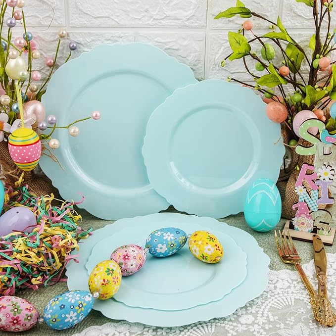 WDF 60pcs Mint Green Plastic Plates - Baroque Dinner Plates Including 30 Green Plates Disposable10.25inch, 30 Dessert Plates 7.5inch for Upscale Wedding/Party/Picnic/Spring