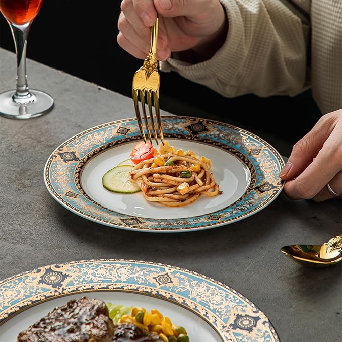 8 Piece Dinnerware Set for 4，Luxury Blue and Gold Porcelain Dinner Plate Set, Ornate Vintage Pattern Ceramic Tableware for Fine Dining, Wedding, Home Decor, Premium Dish sets for Steak and Dessert
