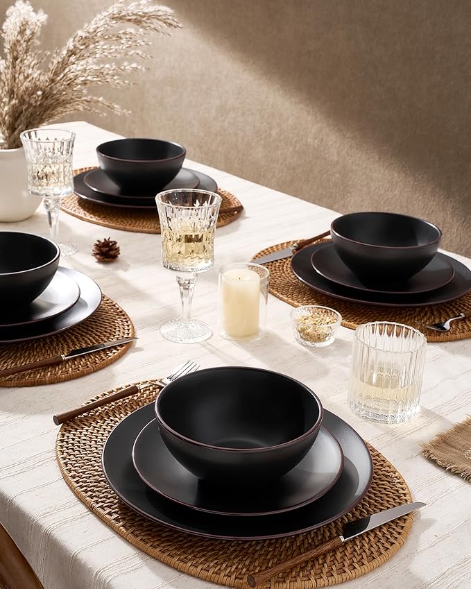 Famiware Venus Stoneware Dinnerware Sets with Pasta Bowls for 6, 24-Piece Plates and Bowls with Trim, Matte Black - Modern Chip-Resistant Dish Set for Everyday & Formal Use, Microwave/Dishwasher Safe