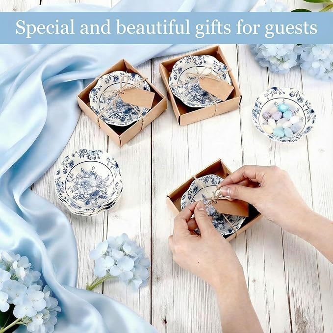 SiliFine 96 Pcs Wedding Favors for Guests Small Ceramic Bowl Bulk Gifts Set 3.3 Inch Floral Design Mini Dipping Sauce Dish with Card Box for Bridal Pooja Baby Shower Birthday (Flower,Blue)